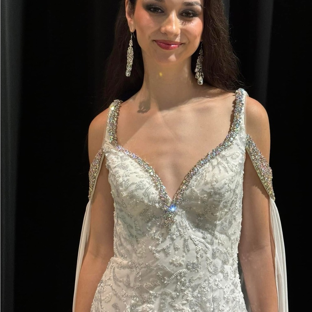 Johnathan Kayne White and Silver Embellished Prom Dress